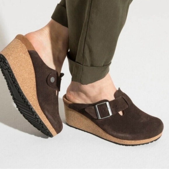 Birkenstock Shoes - Papillio by Birkenstock Dark Brown Suede Wedge Clogs
